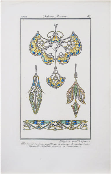  Costumes parisiens. Planche n&deg;37. Bijoux par Vever. Pendants de cou, joaillerie et &eacute;maux translucides.  Bracelet libellules &eacute;maux et diamants.. VEVER ...
