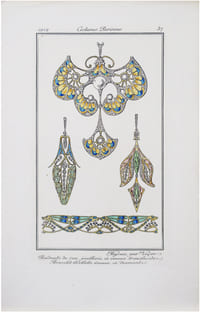 Costumes parisiens. Planche n°37. Bijoux par Vever. Pendants de cou, joaillerie et émaux translucides. Bracelet libellules émaux et diamants.