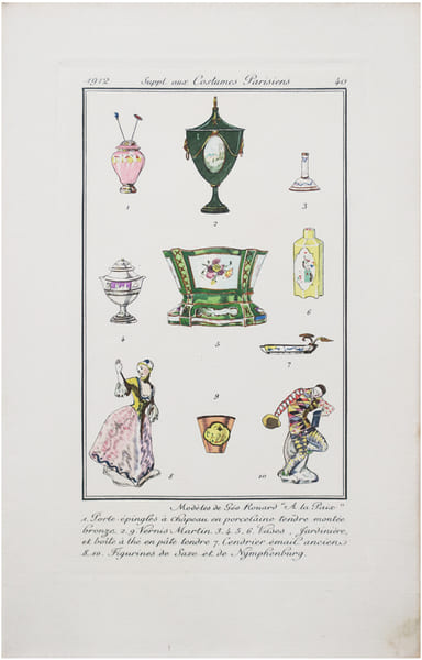  Costumes parisiens. Planche n&deg;40. Mod&egrave;les de G&eacute;o Rouard "&Agrave; la Paix". 1. Porte-&eacute;pingles &agrave; chapeau en porcelaine tendre mont&eacute;e bronze ; 2. 9. ...
