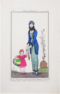 Costumes parisiens. Planche n°41. Robe de mousseline de soie brodée et soutachée à jaquette ouverte bordée de skungs. Costume d'enfant en ottoman corail rose bordé de cygne.