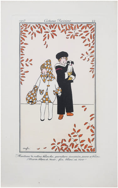  Costumes parisiens. Planche n&deg;44. Manteau de ratine blanche, garniture &eacute;cossaise jaune et blanc. Marin blanc et noir, fox blanc et noir.. ...