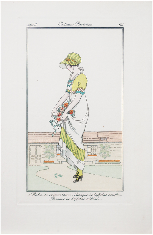  Costumes parisiens. Planche n°66. Robe de crépon blanc. Casaque de taffetas soufre. Bonnet de taffetas pékiné.. JOURNAL des DAMES et des MODES.