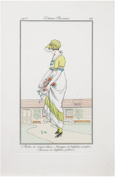  Costumes parisiens. Planche n&deg;66. Robe de cr&eacute;pon blanc. Casaque de taffetas soufre. Bonnet de taffetas p&eacute;kin&eacute;.. JOURNAL des DAMES et des MODES.