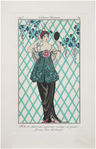 Costumes parisiens. Planche n°80. Robe de charmeuse noire avec corsage et panier formés d'un obi drapé.