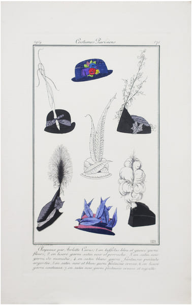  Costumes parisiens. Planche n&deg;171. Chapeaux par Arlette Carus : 1. en taffetas bleu et ganc&eacute; garni fleurs ; 2. en liser&eacute; garni satin noir et perruche ...