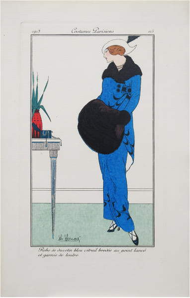Costumes parisiens. Planche n&deg;115. Robe de duvetin bleu vitrail brod&eacute;e au point lanc&eacute; et garnie de loutre.. HONOR&Eacute; (Henri) & COSTUMES PARISIENS.