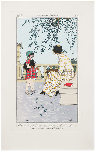  Costumes parisiens. Planche n&deg;87. Robe de cr&eacute;pon blanc &agrave; pois jaune. Robe de fillette en &eacute;cossais cerise et vert.. FRANC-NOHAIN (Madeleine-Am&eacute;lie) & ...