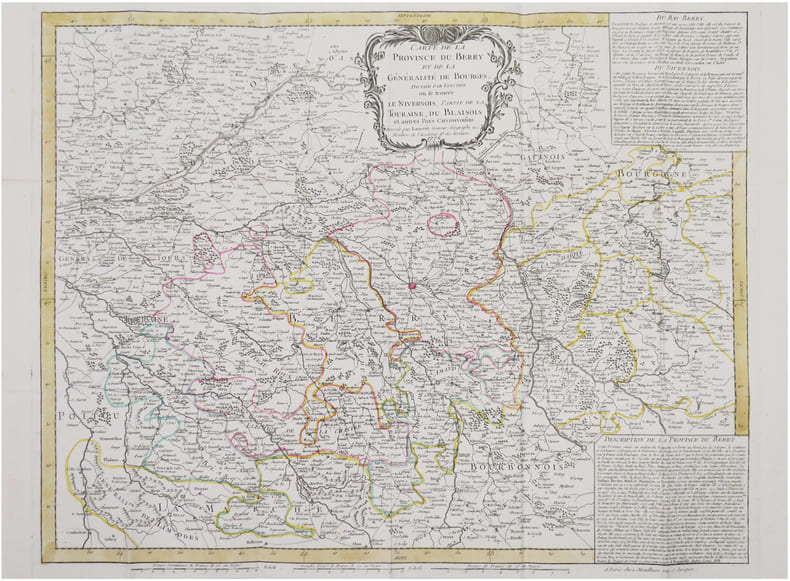  [BERRY] Carte de la province du Berry et de la G&eacute;n&eacute;ralit&eacute; de Bourges, divis&eacute;e par &eacute;lection o&ugrave; se trouve le Nivernois, partie de la Touraine, du ...