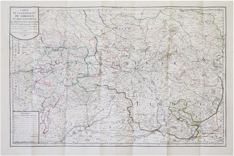  [LIMOUSIN] Carte de la Généralité de Limoges et des évêchées de Limoges, Tulle, Angoulême. Corrigée et augmentée par Louis Denis, géographe et auteur ...