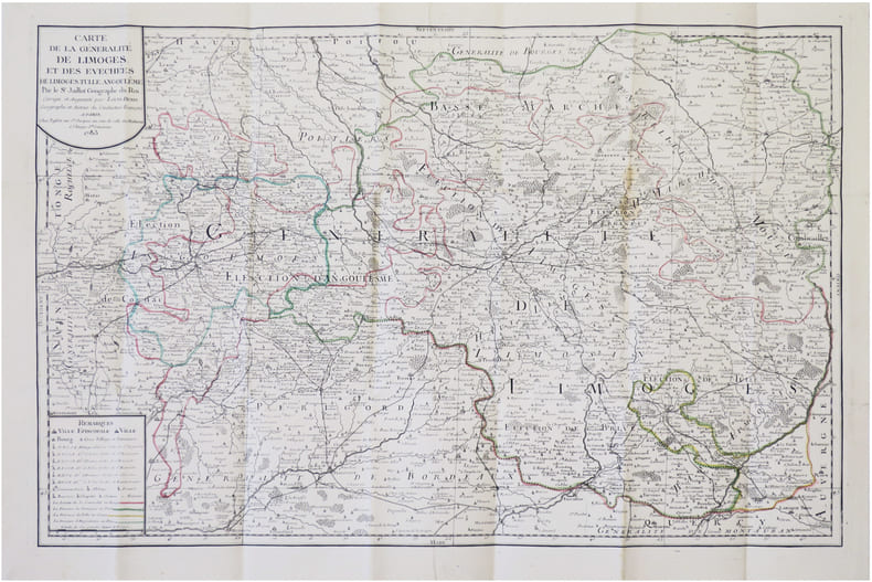  [LIMOUSIN] Carte de la G&eacute;n&eacute;ralit&eacute; de Limoges et des &eacute;v&ecirc;ch&eacute;es de Limoges, Tulle, Angoul&ecirc;me. Corrig&eacute;e et augment&eacute;e par Louis Denis, g&eacute;ographe et auteur ...