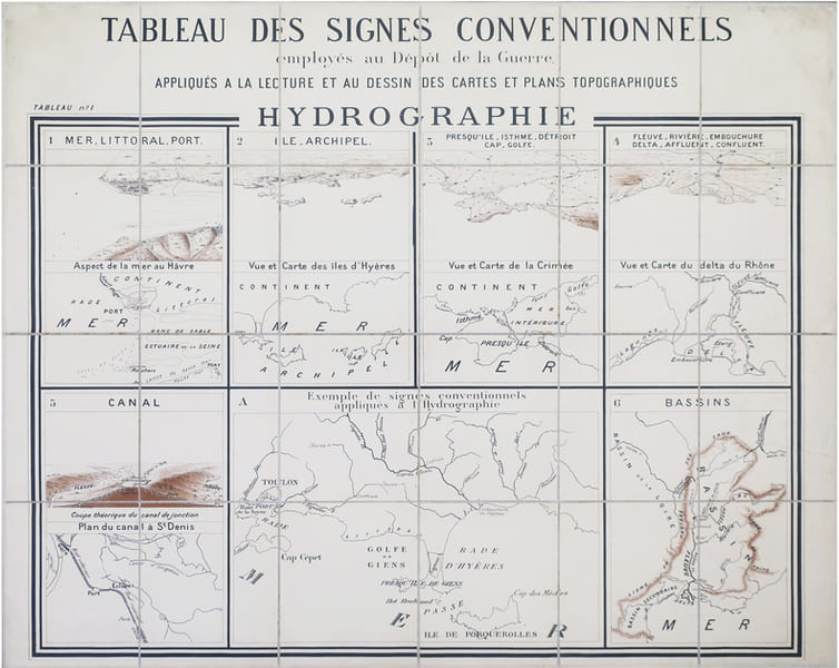 Tableau des signes conventionnels employ&eacute;s au D&eacute;p&ocirc;t de la Guerre, appliqu&eacute;s &agrave; la lecture et au dessin des cartes et plans topographiques. ...