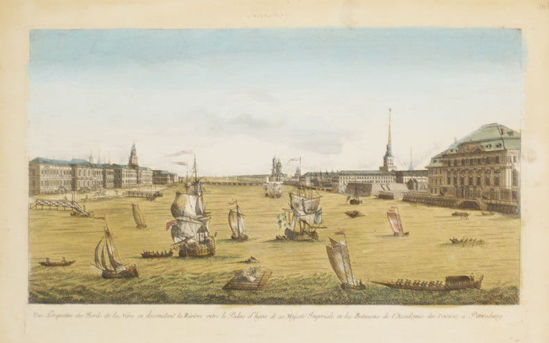 [SAINT-PETERSBOURG] Vue perspective des bords de la Neva en descendant la rivi&egrave;re entre le Palais d'hyver de sa Majest&eacute; Imp&eacute;riale et les batimens de ...