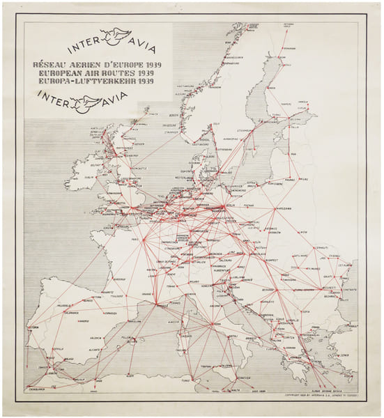  R&eacute;seau a&eacute;rien d'Europe - European air routes - Europa-Luftverkehr 1939.. INTERAVIA.