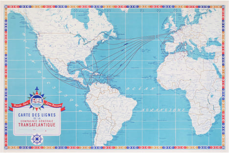 French Line - Linea Francesa. Carte des lignes de la Compagnie Générale Transatlantique.. BOUVARD (René) & LAPRÉE (André).