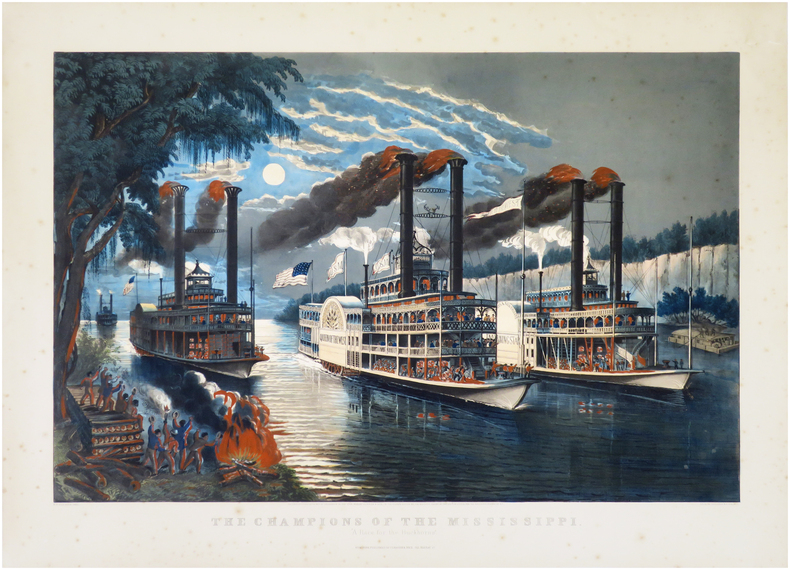  [MISSISSIPPI] The Champions of the Mississippi. "A Race for the Buckhorns".. CURRIER (Nathaniel) & IVES (James Merritt) & PALMER (Frances Flora Bond.