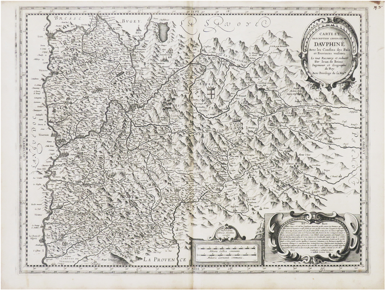  [DAUPHINÉ] Carte et description générale de Dauphiné avec les confins des pais et provinces voisines.. BEINS (Jean de) & HONDIUS (Henricus).