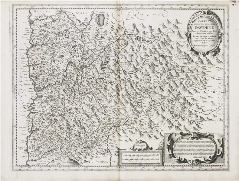  [DAUPHIN&Eacute;] Carte et description g&eacute;n&eacute;rale de Dauphin&eacute; avec les confins des pais et provinces voisines.. BEINS (Jean de) & HONDIUS (Henricus).