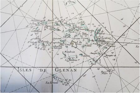  [FINISTÈRE & MORBIHAN/GROIX & GLÉNAN] 6.me Carte particulière des costes de Bretagne depuis la baye d'Hodierne jusqu'à l'isle de Groa, contenant les isles de Glénan, comme elles paroissent à basse mer dans les grandes marées.