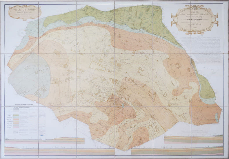  [G&Eacute;OLOGIE & HYDROLOGIE] Carte g&eacute;ologique souterraine de la ville de Paris [et] Carte hydrologique de la ville de Paris.. DELESSE (Achille).