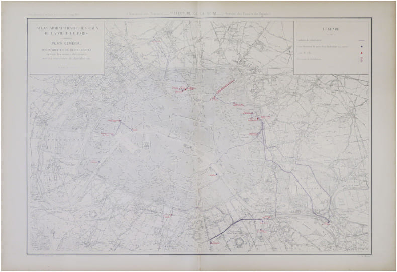  [EAUX et &Eacute;GOUTS de PARIS] Atlas administratif des Eaux de la Ville de Paris. Service des Eaux et des &Eacute;gouts. Plan g&eacute;n&eacute;ral des conduites de ...