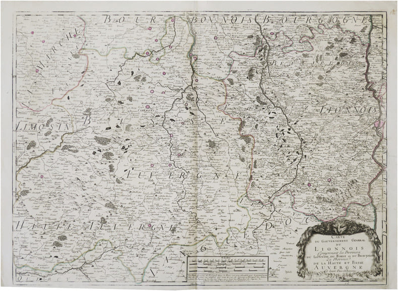 [LYONNAIS/FOREZ/BEAUJOLAIS/AUVERGNE] Carte du gouvernement g&eacute;n&eacute;ral du Lionnois comprenant les provinces du Lionnois, du Forez, et du Beaujolois, la ...