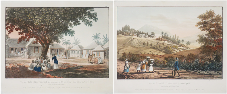  [ANTIGUA] Vue de l'&eacute;tablissement des missions &agrave; S.t Johns dans l'isle d'Antigoa aux Indes occidentales [et] Vue de Gracehill dans l'isle d'Antigoa ...