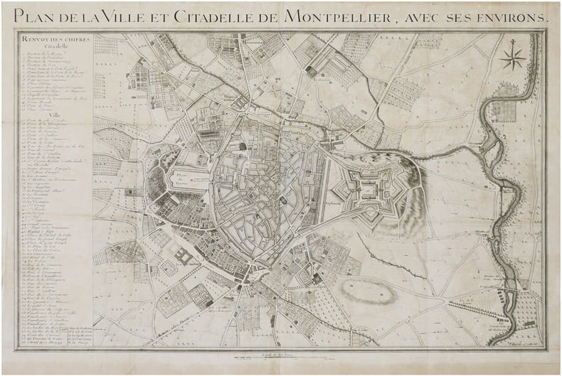  [MONTPELLIER] Plan de la ville et citadelle de Montpellier, avec ses environs.. VILLARET (Jean) & AIGREFEUILLE (Charles d').