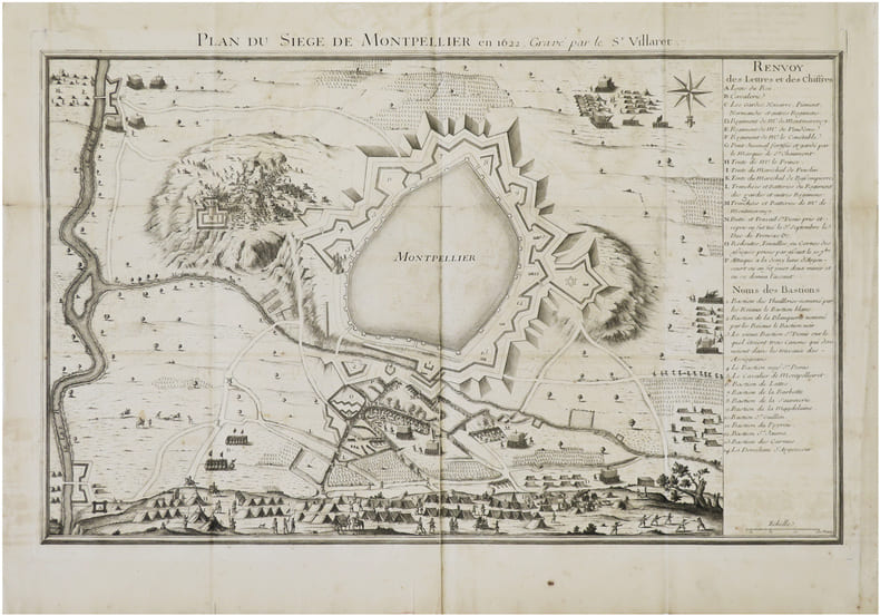  [MONTPELLIER] Plan du si&egrave;ge de Montpellier en 1622, grav&eacute; par le S.r Villaret.. VILLARET (Jean) & AIGREFEUILLE (Charles d').