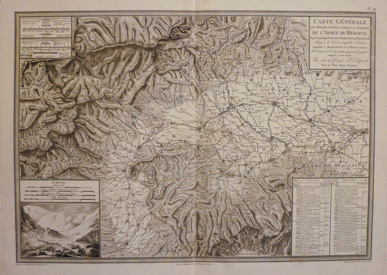  Carte g&eacute;n&eacute;rale des marches, positions, combats et batailles, de l'arm&eacute;e de r&eacute;serve, depuis le passage du Grand St. Bernard, le 24 flor&eacute;al An 8. ...