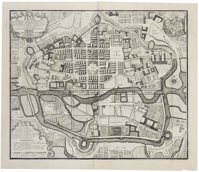  [RENNES] Plan de la ville de Rennes lev&eacute; par F. Forestier apr&egrave;s l'incendie ariv&eacute;e le 22 xbre 1720, sur lequel ont est&eacute; form&eacute; les projets tant du Sr. ...