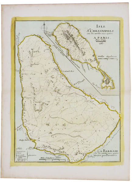  [SAINT KITTS/BARBADE] Isle St. Christophle une des Antilles aux Anglois - La Barbade une des Antilles aux Anglois divis&eacute;e par paroisses.. LE ROUGE ...