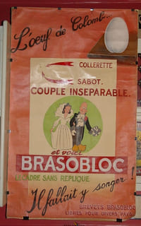 [Cycles]. "L'œuf de Colomb Collerette, sabot, un couple inséparable Et voici Brasobloc, le cadre sans réplique...". Peinture sur toile non signée.