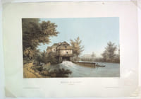 [Estampe]. Moulin de La Cage. Île Saint-Ouen. Lithographie originale en couleurs, signée sur la pierre en bas à gauche.