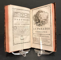 [Poésie au XVIII°s. : deux ouvrages en un volume]. BERNARD (P.-J., dit Gentil...). L'Art d'aimer, et Poésies diverses... Amsterdam, Aureliad, 1775 ; 176 pages. [DUBOCAGE (Mme Anne-Marie Lepage)]. Le Paradis terrestre, poëme imité de Milton, par Madame D. B***. Londres, 1760 ; 2ff.-112pp.- portrait & frontispice, vignette de titre & 6 bandeaux. - (Quérard II, p. 598). Marge du titre courte, mouillure claire et tavelures sur quelques feuillets.