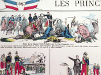 "Les Princes d'Orléans". Gravure sur bois coloriée au pochoir.