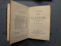 1).Essais de philosophie américaine
-- Charpentier 1851
............
2).Essai sur la nature
-- Lacroix, Verboeckhoven et Cie 1865.