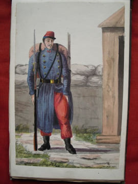 Carnet de dessins aquarellés et gouachés représentant divers soldats français ou allemands.- Français. 14 mai 1871- Musiciens allemands 9 juin 1871- ...