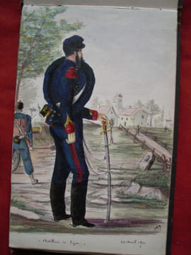 Carnet de dessins aquarellés et gouachés représentant divers soldats français ou allemands.- Français. 14 mai 1871- Musiciens allemands 9 juin 1871- ...