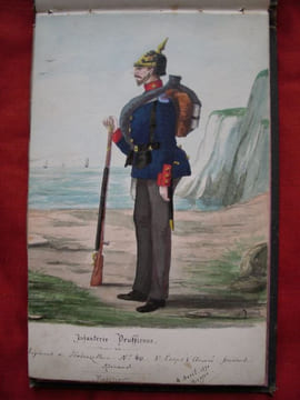 Carnet de dessins aquarellés et gouachés représentant divers soldats français ou allemands.- Français. 14 mai 1871- Musiciens allemands 9 juin 1871- ...