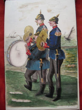 Carnet de dessins aquarellés et gouachés représentant divers soldats français ou allemands.- Français. 14 mai 1871- Musiciens allemands 9 juin 1871- ...