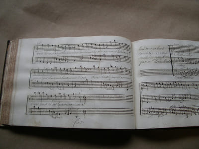 Cantates françoises ou Musique de chambre à voix seule et à deux voix, avec symphonie et sans symphonie tirées de plusieurs auteurs fameux, comme Bernier, Clerambault, Monteclair etc.- Les Syrenes de Montéclair, sans symphonie. - L'amour vangé du mesme sans symphonie. - Le Triomphe de psiché de Bernier sans symphonie. - Diane et endimion à deux voix sans symphonie de Bernier. - Les bains de Tomeri à voix seule et à deux dessus de violon de Baptistin. - La mort d'Hercule, Cantate de Basse avec Symphonie de Clerambault. - Le printems Cantate à voix seule avec deux dessus de violons par Burette. - La MERDE. Cantate de Basse à voix seule, sans symphonie par Mr.... - Léandre et Hero avec symphonie de Clérambault. - La Badine, sans symphonie de Monteclair. - Zephire et flore avec deux dessus de violons de Bourgeois. - Narcisse avec symphonie par M.... - Bacchus Cantate de basse avec symphonie de Bernier.