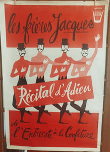 Affiche originale du récital dadieu des Frères Jacques: "de lentrecôte à la confiture" avec au piano Hubert Degex