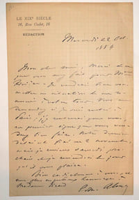Lettre autographe signée d'Edmond About quelques mois avant sa mort
