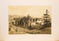 Lithographie originale. Square des Buttes Chaumont, vue du lac, des grottes et du grand rocher avec le temple de la Sibylle (version pont rocailles). Paris et ses ruines (1878)