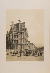 Lithographie originale. Nouveau pavillon de Flore et Nouvelle galerie du bord de l'eau avant l'incendie.  Paris et ses ruines (1878)