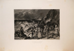 Lithographie originale. Une scène de naufrage sur la côte de Kerlouan (Finistère) Bretagne contemporaine. Hippolyte Lalaisse .