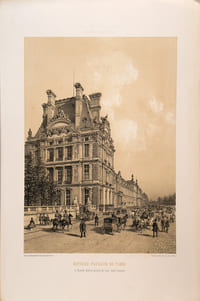 Lithographie originale. Nouveau pavillon de Flore et Nouvelle galerie du bord de l'eau avant l'incendie.  Paris et ses ruines (1878)