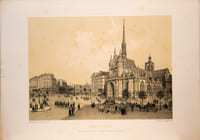 Lithographie originale. Eglise Saint Laurent avec sa nouvelle façade et la guerre du chemin de fer de l'Est. Paris et ses ruines (1878)
