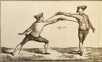 Gravure XVIIIème Escrime. Tirée de l'Encyclopédie méthodique Panckoucke. Planche N°8 : Demi-volte, volte, désarmement et position après avoir désarmé sur le coup de quarte. Gravure sur cuivre