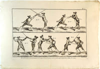 Gravure XVIIIème Escrime. Tirée de l'Encyclopédie méthodique Panckoucke. Planche N°9 : Du désarmement sur le coup de tierce, de quarte ou de seconde et après la parade au dehors des armes. Gravure sur cuivre